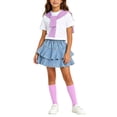 thumbnail image 4 of Daiosportswear Girls 4 Piece Summer Outfit Set, Crew Neck Tee Detachable Scarf Tiered Ruffle Denim Skirt Knee High Socks for 3-16Y Purple 11-12 Years, 4 of 9