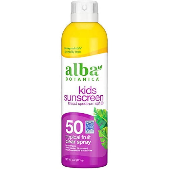 Alba Botanica Kids Sunscreen for Face and Body, Tropical Fruit Sunscreen Spray for Kids, Broad Spectrum SPF 50, Water Resistant and Hypoallergenic, 6 fl. oz. Bottle