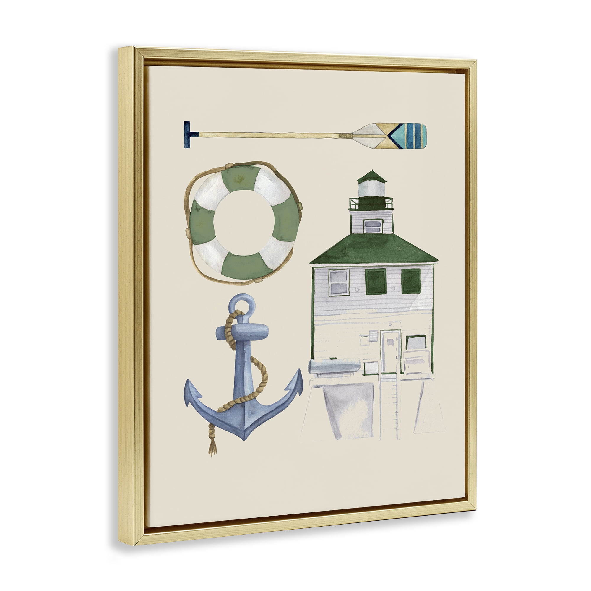 Stupell Industries Boating & Lake Gear Nautical & Beach Painting Gold Floater Framed Canvas Art Print Wall Art, 17 x 21