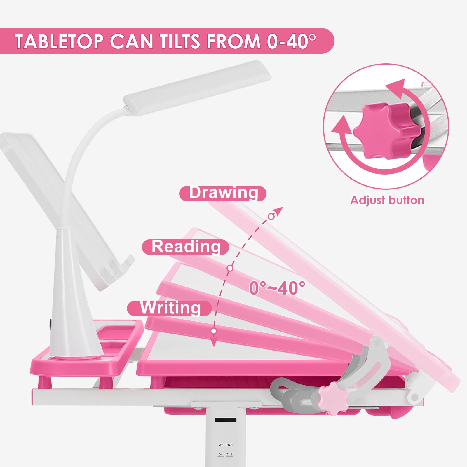 COSVALVE Height Adjustable Kids Study Desk & Chair Set Children School Girl Table Large Writing Board Desk with LED Lamp,Drawer,Bookstand(Pink)