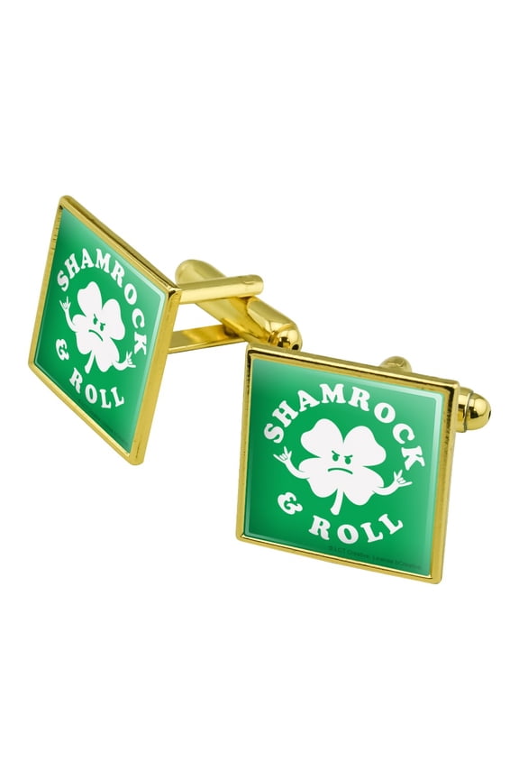 Shamrock and Roll Irish Rock Funny Humor Square Cufflink Set - Silver or Gold