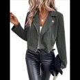 thumbnail image 1 of Chaqueta Blazer de Ante y Piel Sintética de Larga con Cremallera Corta para Mujer, Moda de Otoño. Gris Oscuro S, 1 of 8