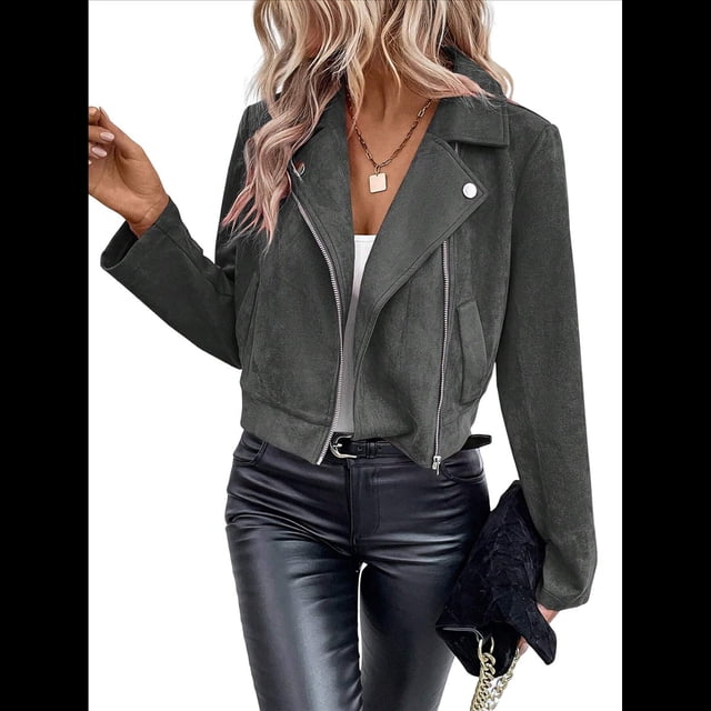 Chaqueta Blazer de Ante y Piel Sintética de Larga con Cremallera Corta para Mujer, Moda de Otoño. Gris Oscuro S