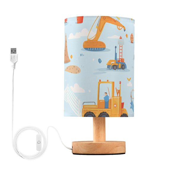 Cartoon Truck Excavator Blue Bedside Table Lamp LED Warm Lights with USB Charging Port Retro Cylinder Desk Lamps