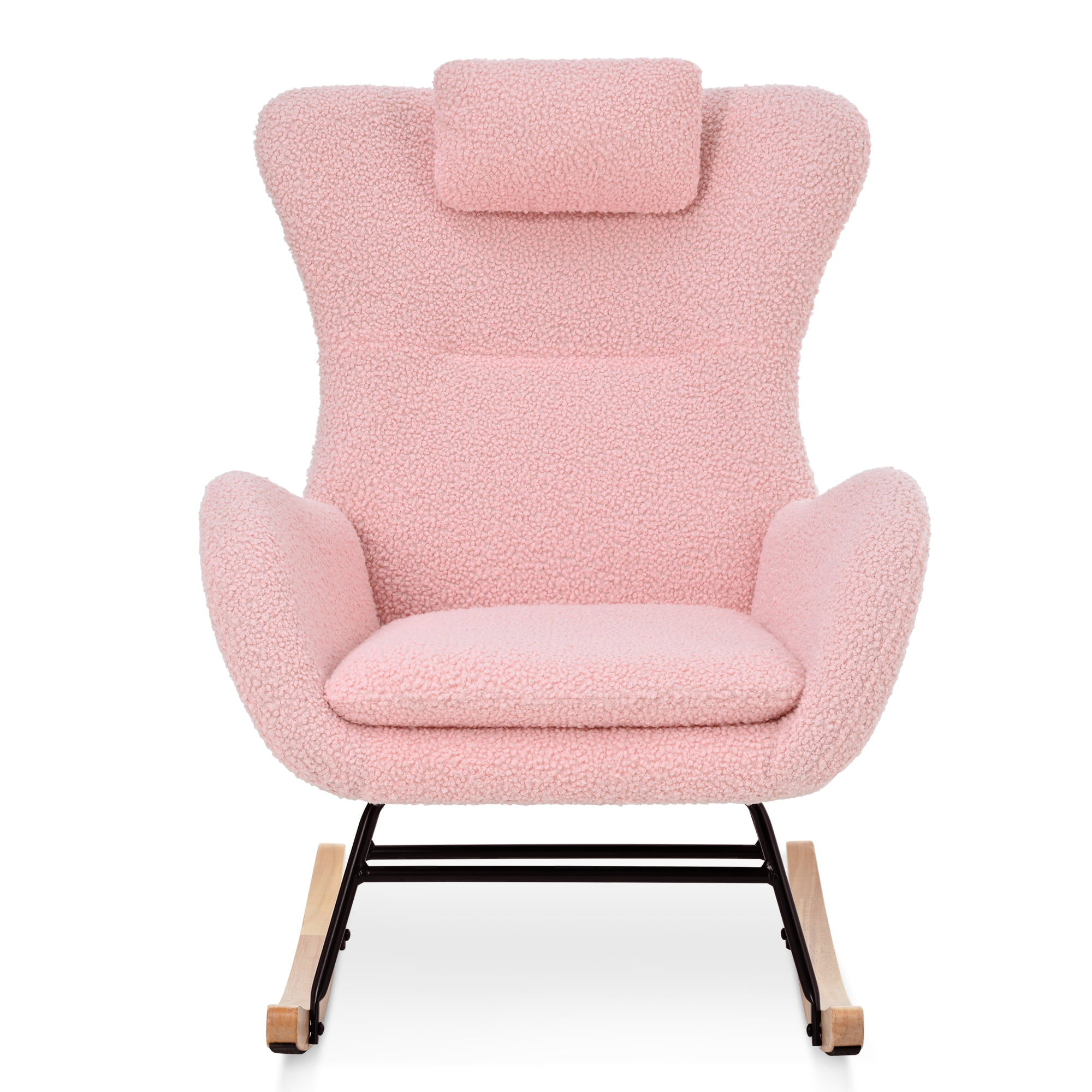 Newest Rocking Chair Nursery, Teddy Upholstered Rocker Glider Chair with High Backrest, Adjustable Headrest & Pocket, Comfy Glider Chair for Nursery, Bedroom, Living Room, Offices, Rubber wood, pink