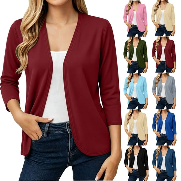Jsaierl Women's 3/4 Sleeve Open Front Knit Cardigan Lightweight Draped Hem Casual Daily Work Lounge Top