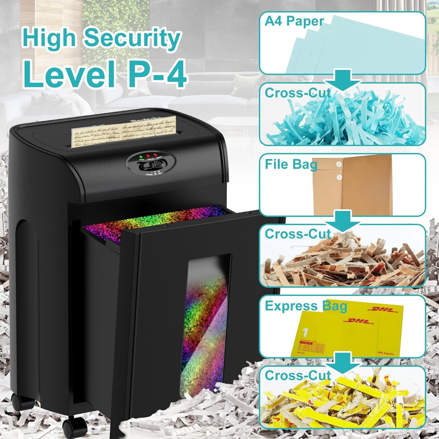 15-Sheet Cross Cut Paper Shredder – P-4 Security Level 4.76-Gallon Pull-Out Basket Shreds Paper/CD/Credit Card Jam Proof System for Office/Home