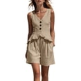thumbnail image 2 of Outfits Linen Vest Waistcoat Dressy Casual Sets Women's Stripe Solid Casual Sleeveless Ruffle Vests Tops And Wide-Leg Pants With Pockets Suit Set Khaki L, 2 of 7