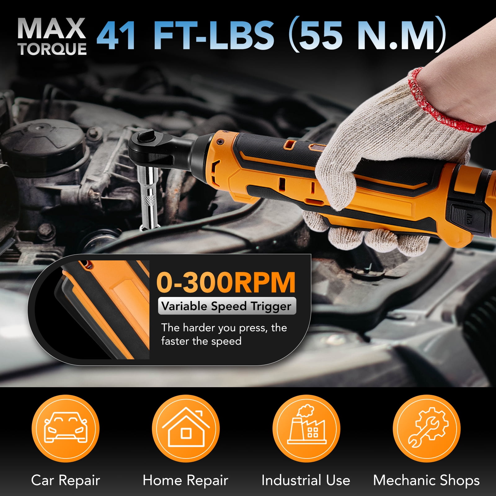 Filluck 3/8" Cordless Ratchet Wrench, 41 ft-lbs (55 Nm) Torque, 20V Power Tool Kit with 2 Batteries, LED Light, 13-Piece Set for Mechanics & Car Repairs