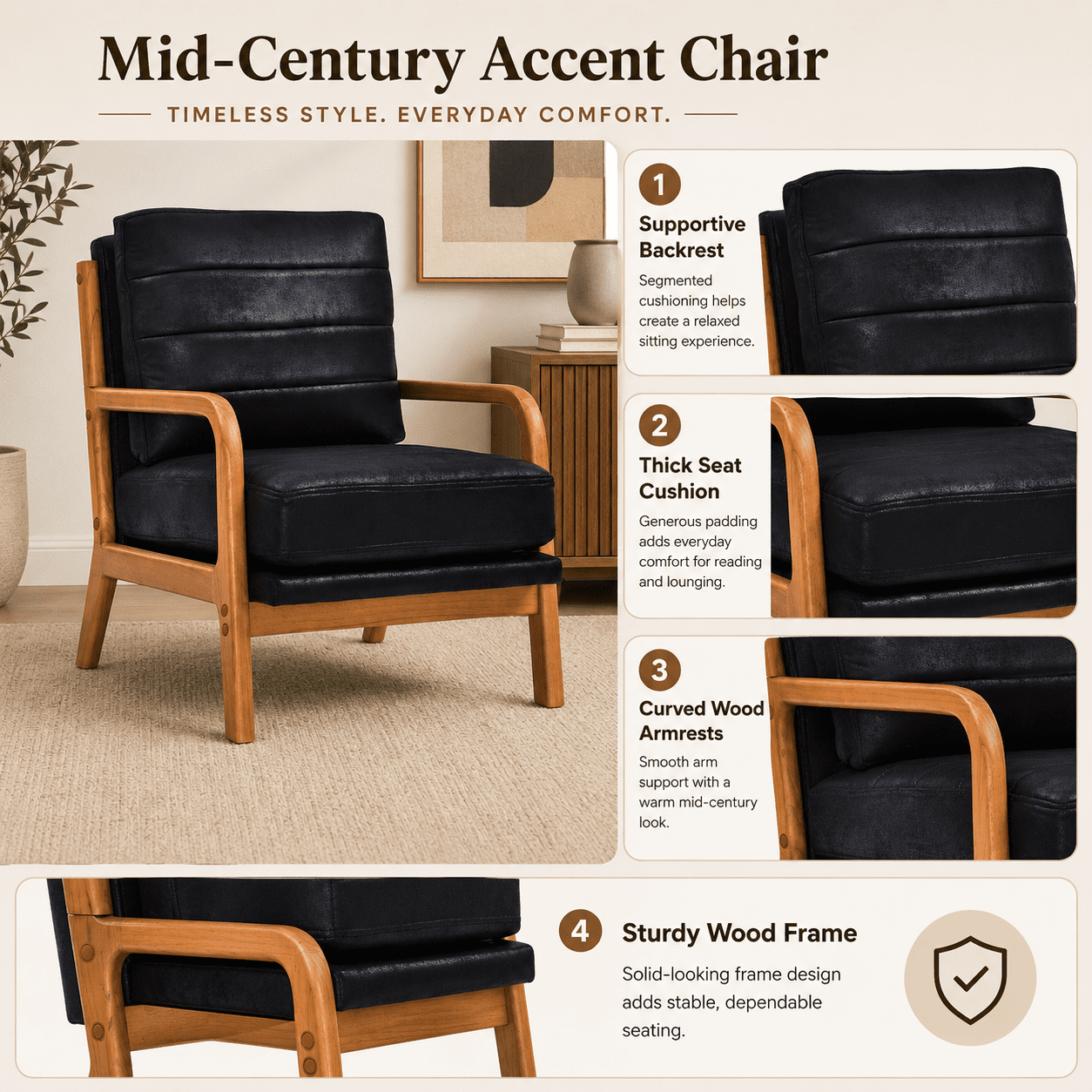 Homy Casa Mid-Century Accent Chair, Upholstered Lounge Reading Chair with Wood Frame, Black