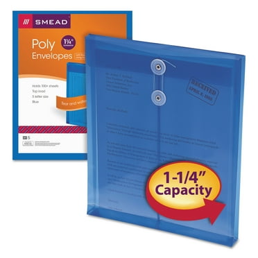 Smead Poly Envelope, 1-1/4" Expansion, String-Tie Closure, Top Load, Letter Size, Blue, 5 per Pack (89542)