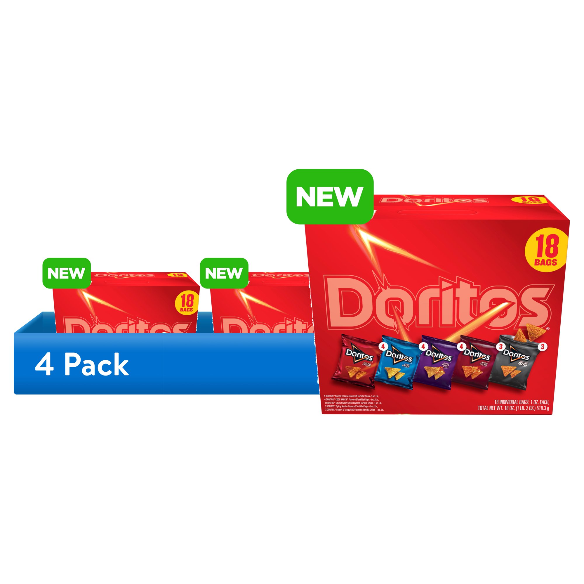 (4 pack) Doritos Tortilla Chips 5 Flavor Variety Pack Snack Chips, 1 oz Bags, 18 Count