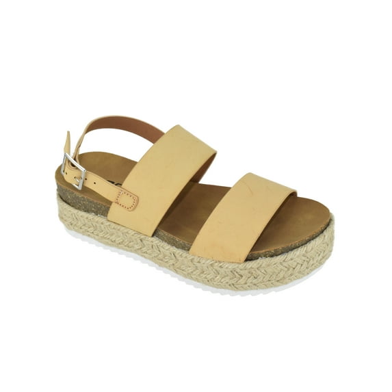 Soda Women Wedge Sandals Open Toe Ankle Strap Flatform Espadrilles Trim Platform Footbed Kazoo-S Beige Nude Skin 9