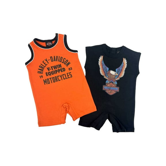 Harley-Davidson Baby Boys' 2-Pack Newborn Eagle Romper Set, Orange/Black (6/9M), Harley Davidson
