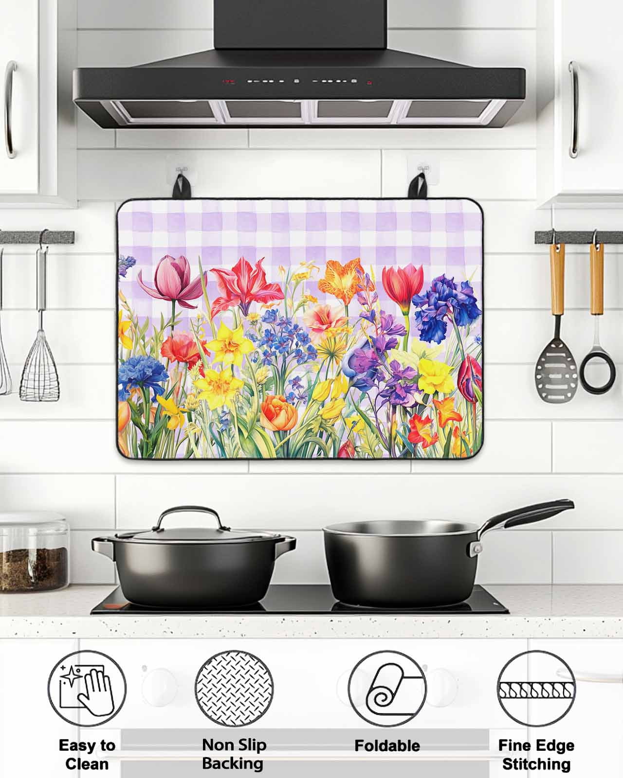 Stove Top Covers for Electric Stove, Purple Plaid Tulip Glass Stovetop Cover Protector, Spring Floral Watercolor Botanical Induction Cooktop Protector Oven Mat for Kitchen Countertop 24"x21"