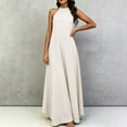 thumbnail image 5 of Smsaxvxz Summer Dresses for Women Fashion Solid Crew Neck Sleeveless Casual Loose Ice Silk Crinkle Flared Maxi Dress Khaki 2XL, 5 of 7