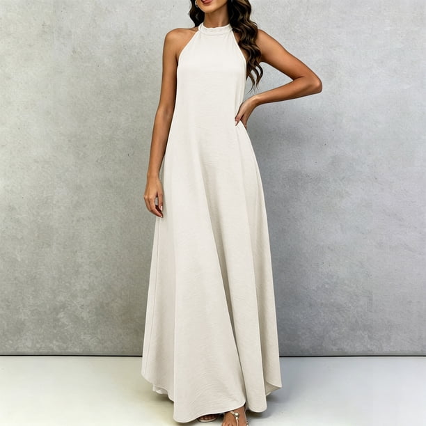 high neck flowy dress Lopecy-Sta Women's Maxi Halter Sleeveless A-Line Long Dress with Side Pockets Casual Summer Dress for Daily and Vacation amy3524