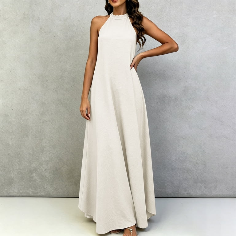 Women's Summer Solid Color Halter Neck Sleeveless Maxi Dress Self Tie A Line Flowy Dress Black