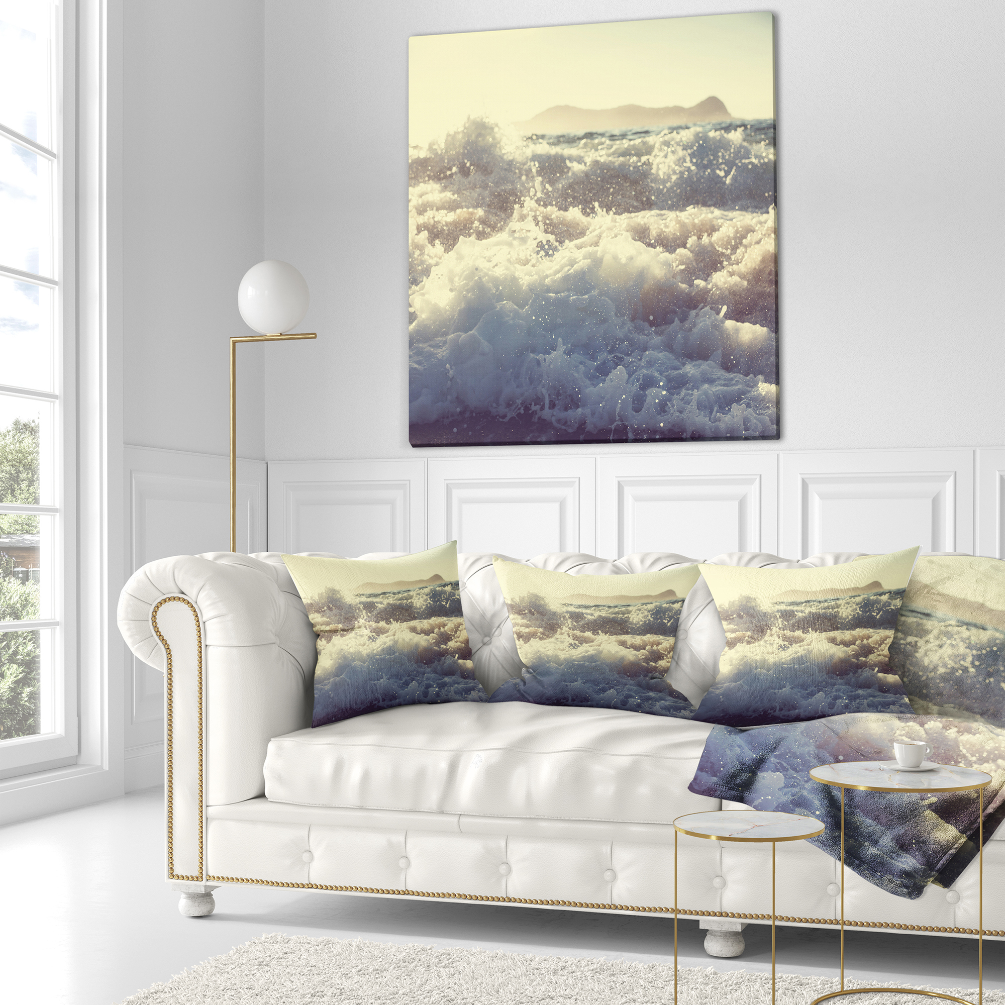 Designart Roaring White Waves on Beach - Seascape Throw Pillow - 18x18