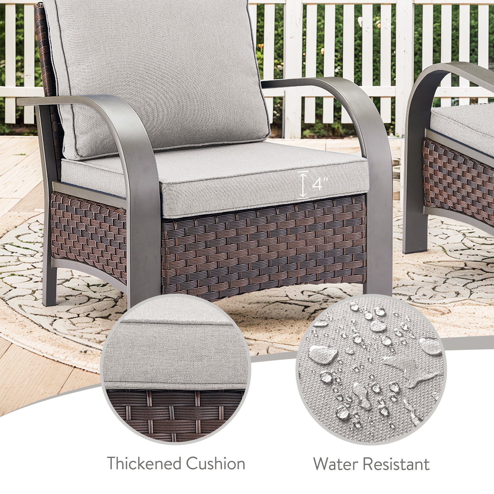 OPOHORO 7-Piece Outdoor Patio Furniture Set with Sofa, 2 Patio Lounge Chairs, 2 Ottomans, Coffee Table and Side Table, PE Wicker Deep Seating with Beige Cushions