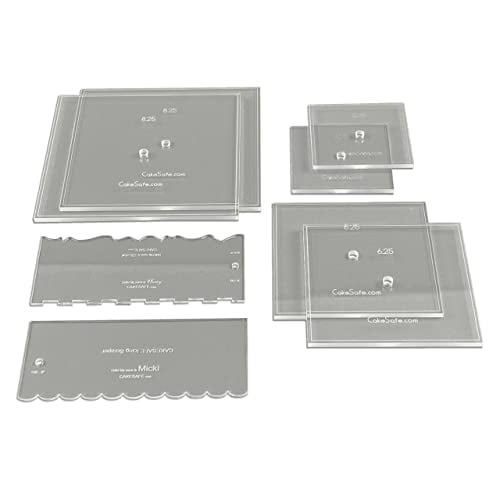CAKESAFE Square Bare Necessities Cake Decorating Acrylic Disk Kit – 3 Sets - Square 4.25”, 6.25” and 8.25” Disks (2 disks per size), 2-8" Icing Scrapers with 1 Scraper Edge and 3 C