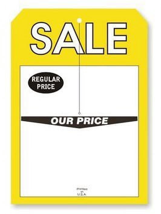 "SALE - REGULAR PRICE - OUR PRICE" Large Merchandise Tag w 3.25" Slit, 5" x 7" Cardstock 12 Pt., Yellow and Black on White, 2 Clip Corners - Pack of 250 Tags
