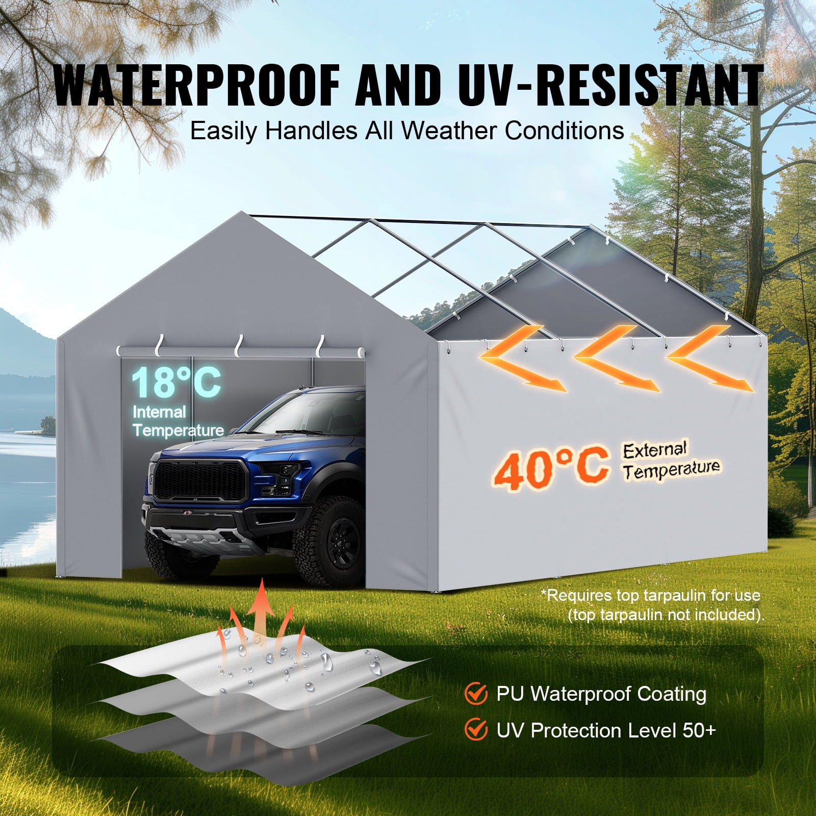 KFFKFF 12 x 20 ft Carport Replacement Canopy Gray Side Wall Car Parking