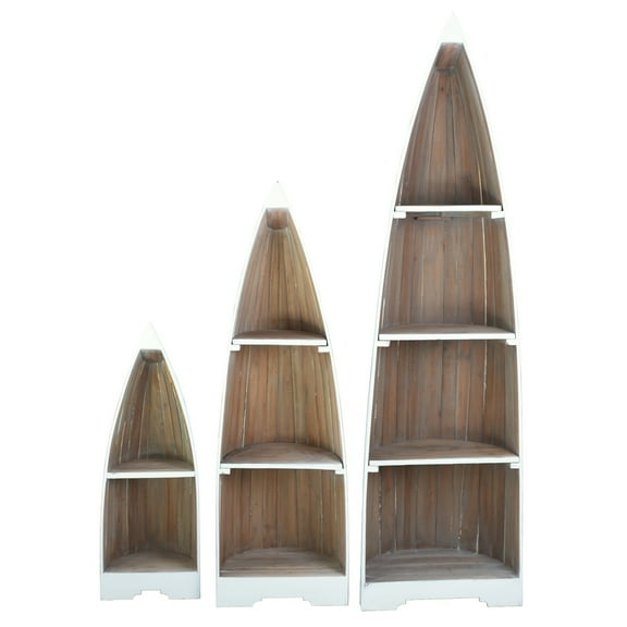 Cottage 3 Boat Shaped Freestanding Shelves in White Driftwood Brown Solid Wood
