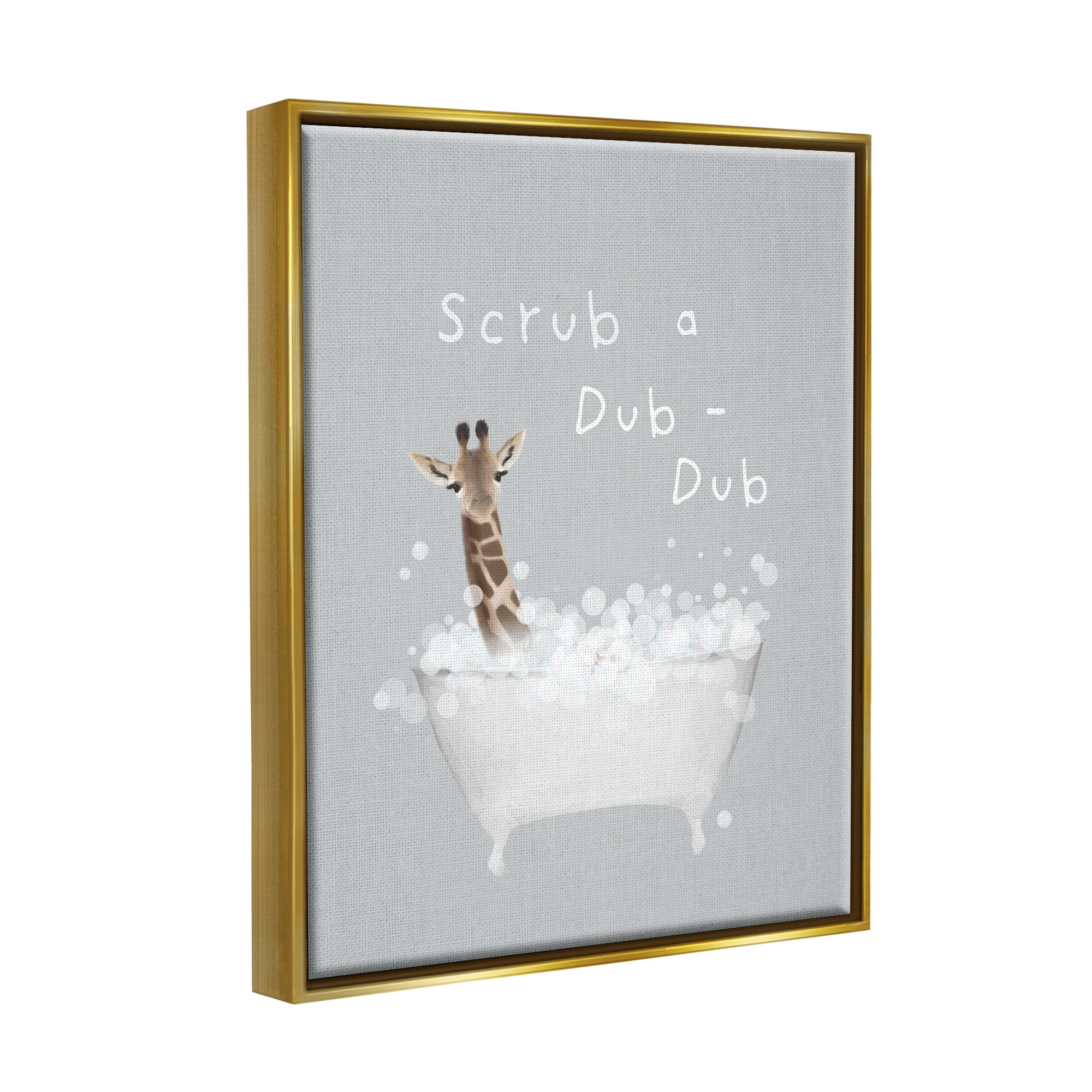 Stupell Industries Scrub-a-Dub Giraffe Tub Animals & Insects Painting Gold Floater Framed Canvas Art Print Wall Art, 17 x 21