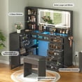 thumbnail image 3 of Makeup Vanity for Women with Mirror and Lights, 8 Drawers Big Modern Vanity , Transparent Top Vanity Desk with 2 RGB Drawers, with Power Outlet & Stool, Modern Ample Storage Dressing Table, Black, 3 of 10