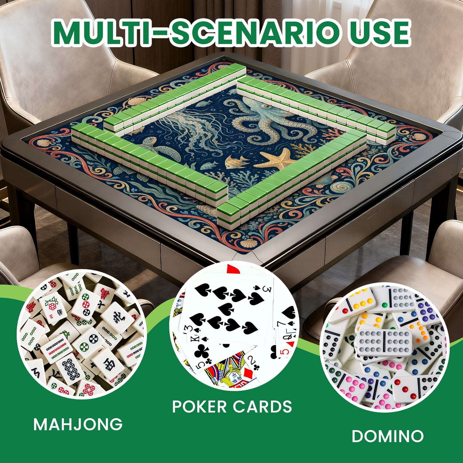 Mahjong Mat 31.5" x 31.5" Whimsical Underwater Ocean Life Jellyfish Turtles Coral Non-Slip Noise Reduction Mahjong Tiles Table Cover for Dominoes Poker Card Board and Tile Games