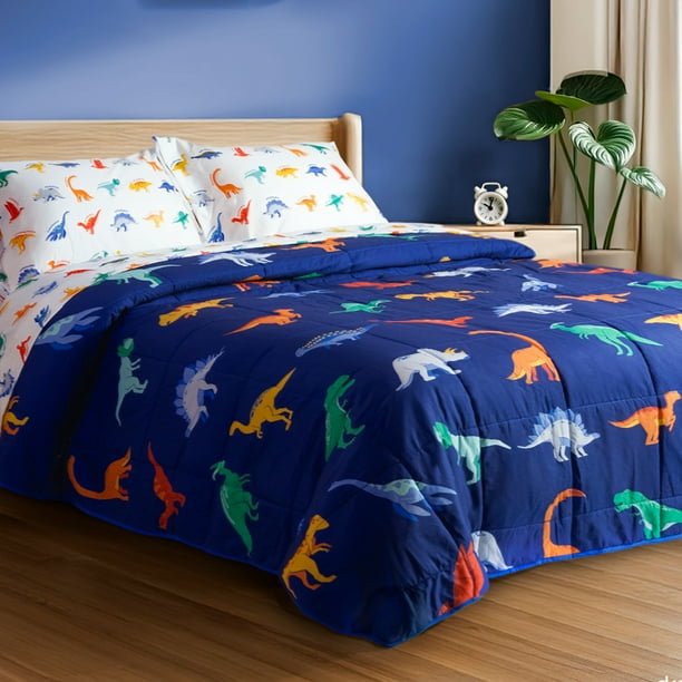 Set de 4 Piezas Edredón Acolchado y Sábanas Infantil Individual Dreamlab, Colcha para Cualquier Temporada, Hipoalergénica, Diseño Dinosaurios, Color Azul