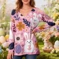 thumbnail image 2 of ASDFVBKG Women's Easter T-Shirts Long Sleeve V-Neck Shirts Mid-Length Cute Bunny Rabbit Graphic Tops Vacation Loose Comfortable Tee Tops Pink L, 2 of 5