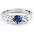 thumbnail image 3 of Gem Stone King 14K White Gold Blue Created Sapphire & White Created Sapphire 3-Stone Engagement Ring | 1.10 Cttw | Round 5MM and 4MM | Three Stone Wedding Anniversary Promise Ring for Women (Size 5), 3 of 6