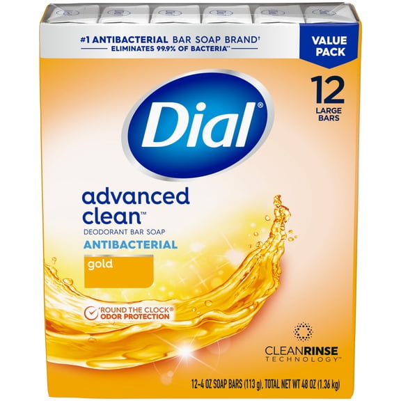 Dial Gold Antibacterial Deodorant Bar Soap, Advanced Clean Deep Cleanse Bar, 4 oz, 12 Bars