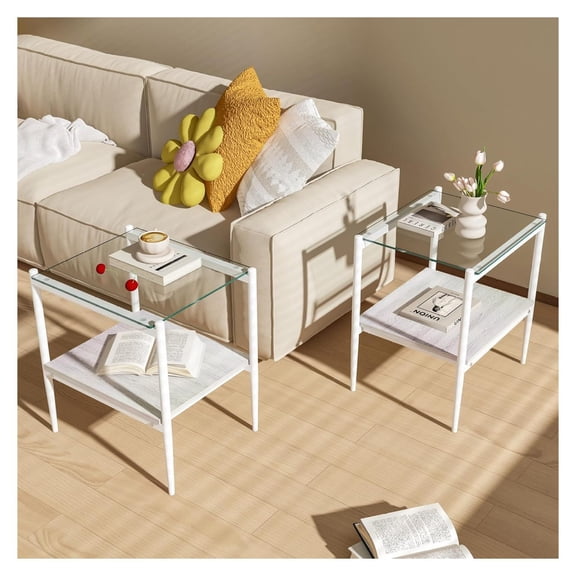 Set of 2 Rectangle Modern Glass End Table,Tempered Glass Top, Sofa Side Table with MDF Storage Shelf and Metal Legs,Modern Table for Living Room and Bedroom,Transparent Glass/White