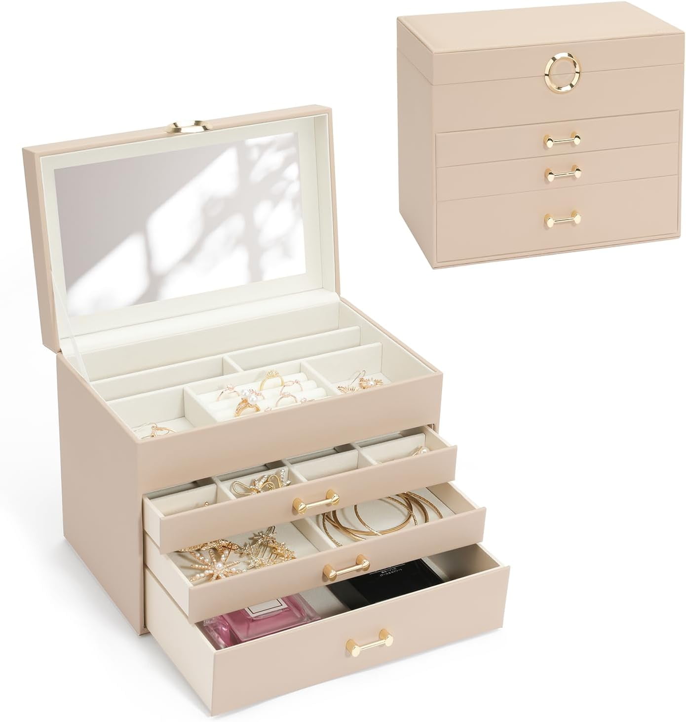 Lxmons Wooden Jewelry Box with Mirror, Drawers, Necklace