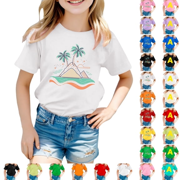 Bmisegm Toddler T Shirts Boys Girls Island Print Casual T Shirt Fashion Kids Comfort Fit Top for Beach Daily Wear Ages 3-12Y Beach Tops 05_White,6-7 Years