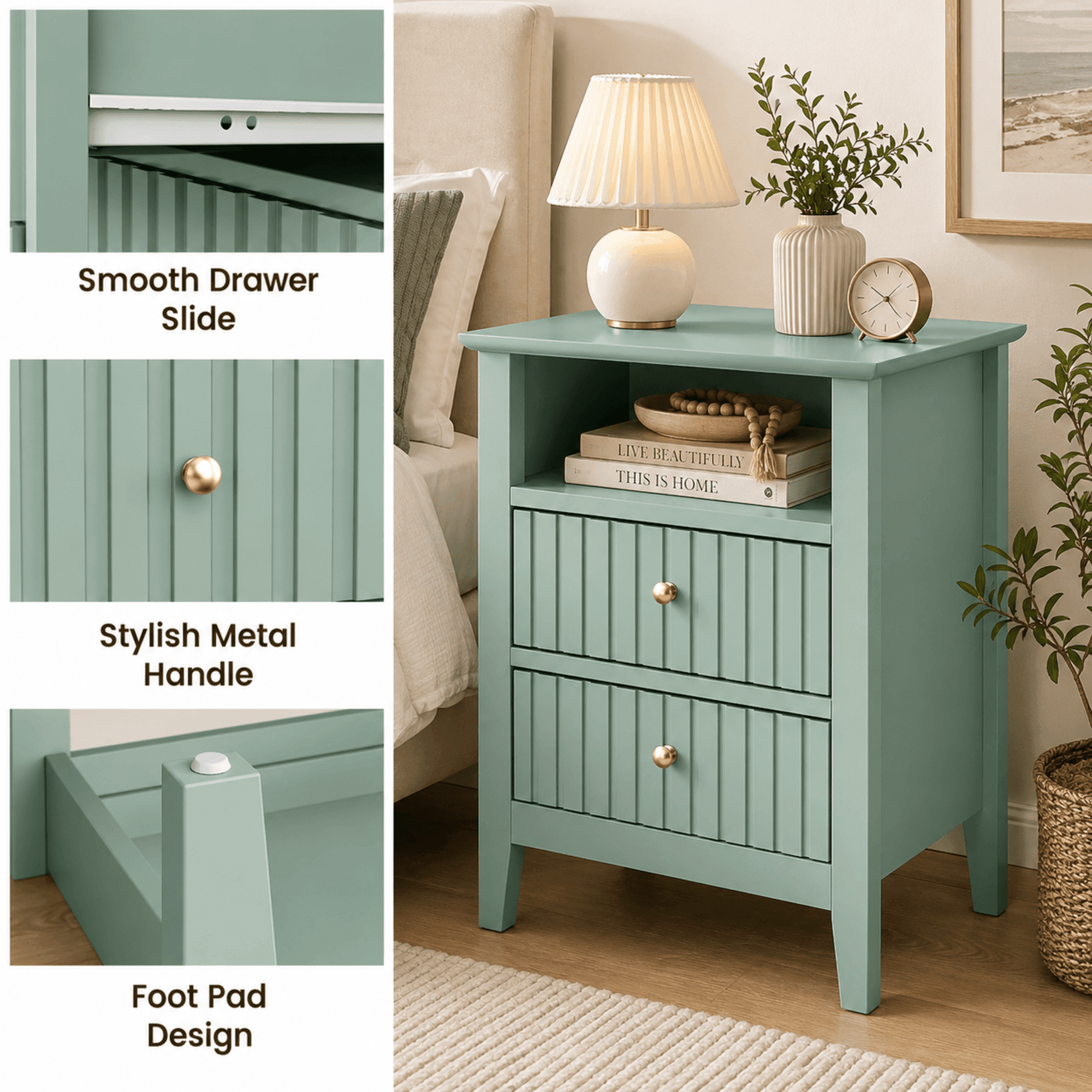 18" Green Fluted Nightstand, 2-Drawer Modern Side Table with Gold Knobs, Soft-Close Drawers & Anti-Tip Kit, P2 MDF Storage Cabinet for Bedroom Living Room