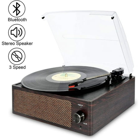 Bluetooth Record Player Belt-Driven 3-Speed Turntable, Vintage Vinyl Record Players Built-in Stereo Speakers, with Headphone Jack/ Aux Input/ RCA Line Out, Brown
