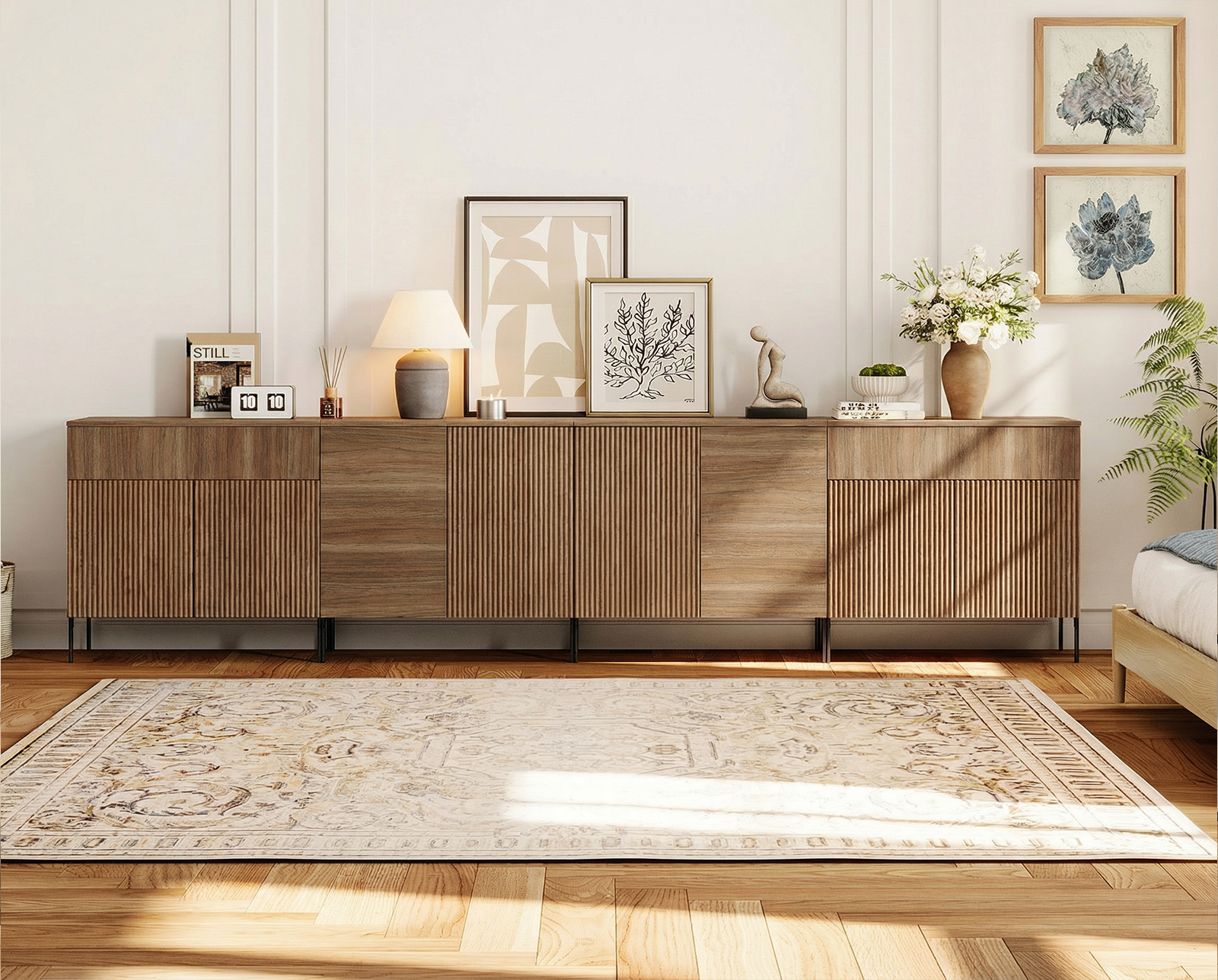 126" Long Modern Reeded Dresser TV Stand with Adjustable Sheves, Entertainment Center with Drawers, Wooden TV Console with Storage for Living Room