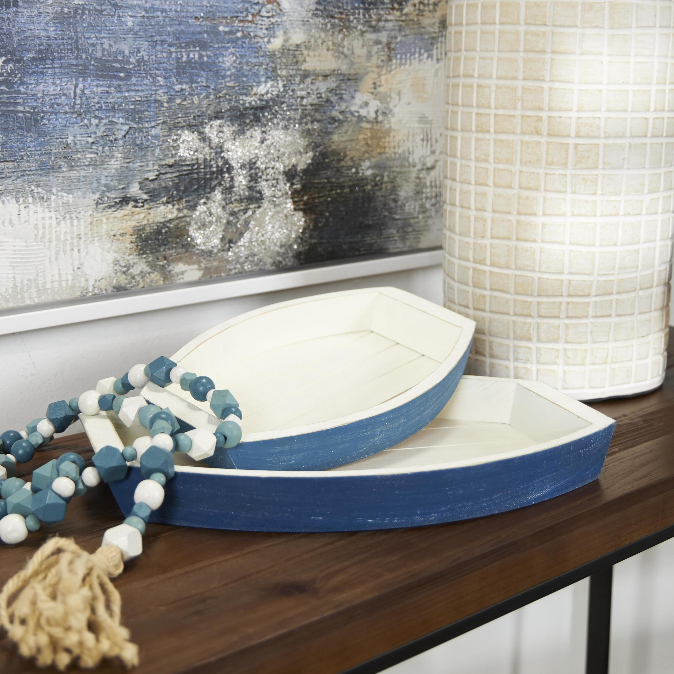 DecMode 17", 13"W Blue Wood Handmade Distressed Two Toned Boat Tray, 2-Pieces