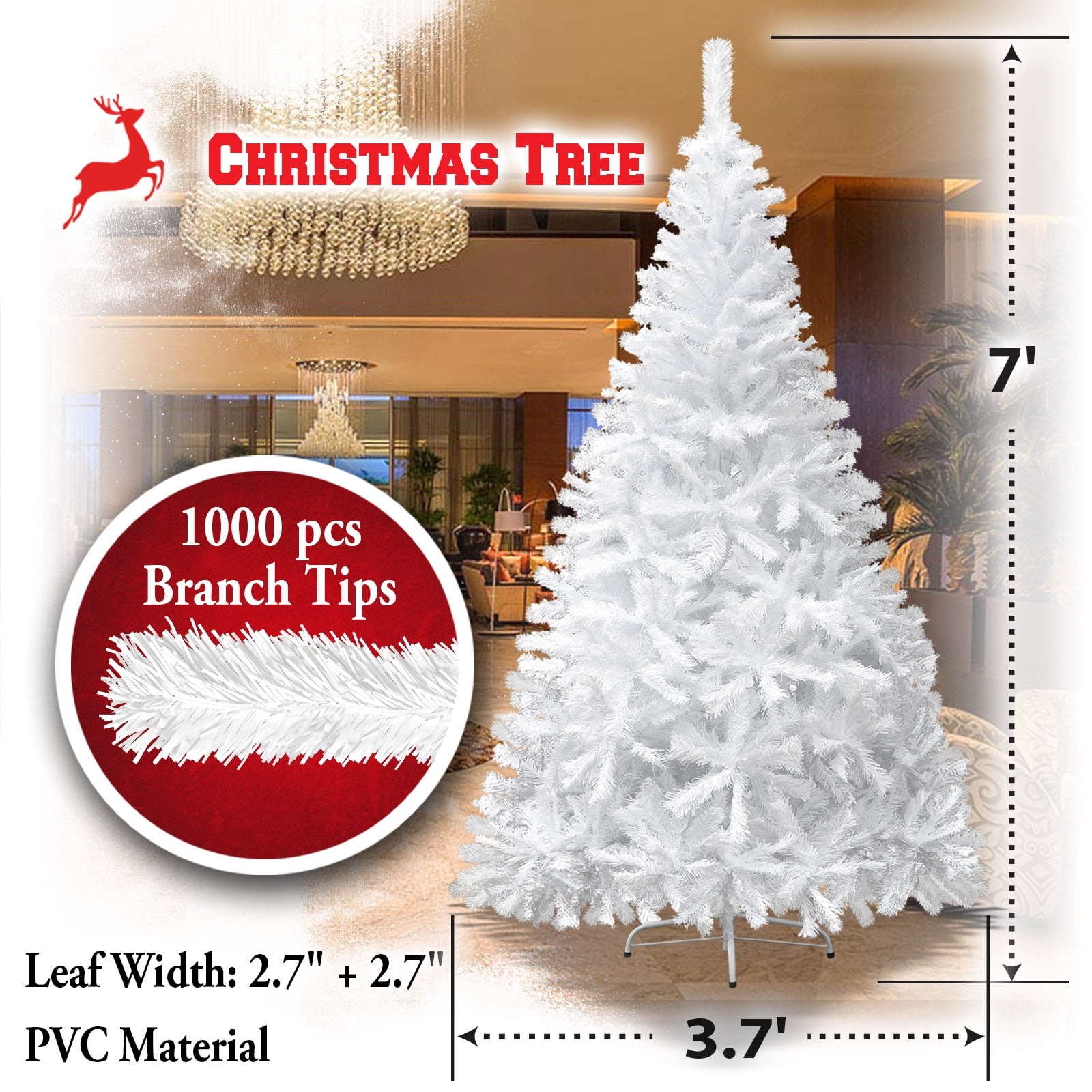 Sunrise 4 Sizes Artificial Christmas Tree w/Metal Stand,Easy Assembly, White (7 Ft)
