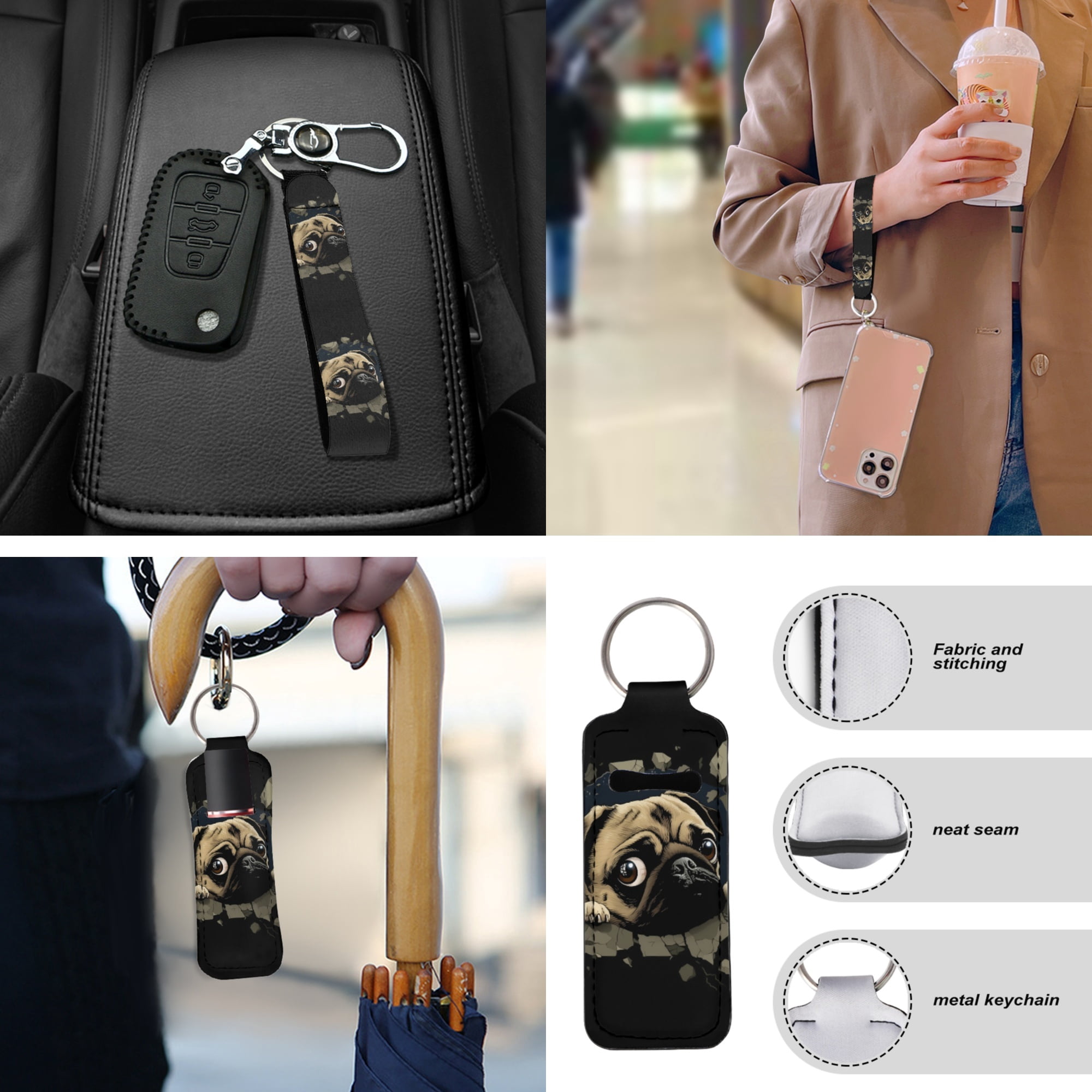 Jeiento Cute Pug 13 PCS Car Seat Cover Set, with Steering Wheel Seat Belt Covers Center Console Pad Coasters Keychain Lipstick Holder Auto Interior Accessories Full Set for Women Men