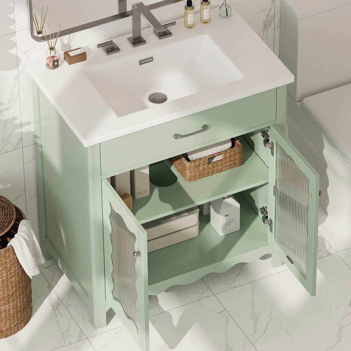 Spaco 31" Bathroom Vanity with Tempered Glass, Modern Bathroom Cabinet with Rubber Wood Legs and Soft Close Doors for Indoor, Green