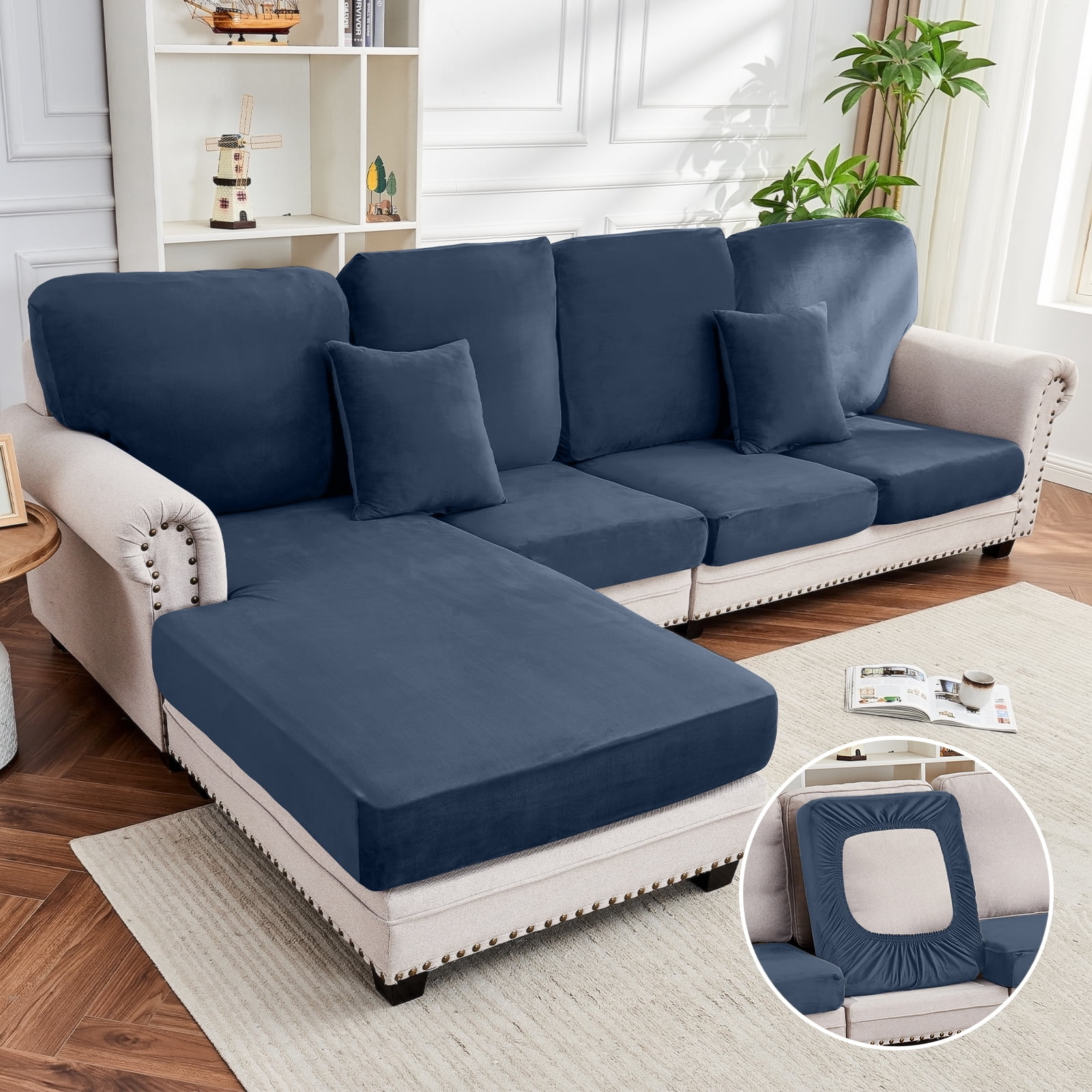 Sanmadrola Couch Covers Velvet Sofa Cushion Cover Stretch Machine Washable Universal Slipcover Furniture Protector for Couches Sectional Sofas, Aegean Blue