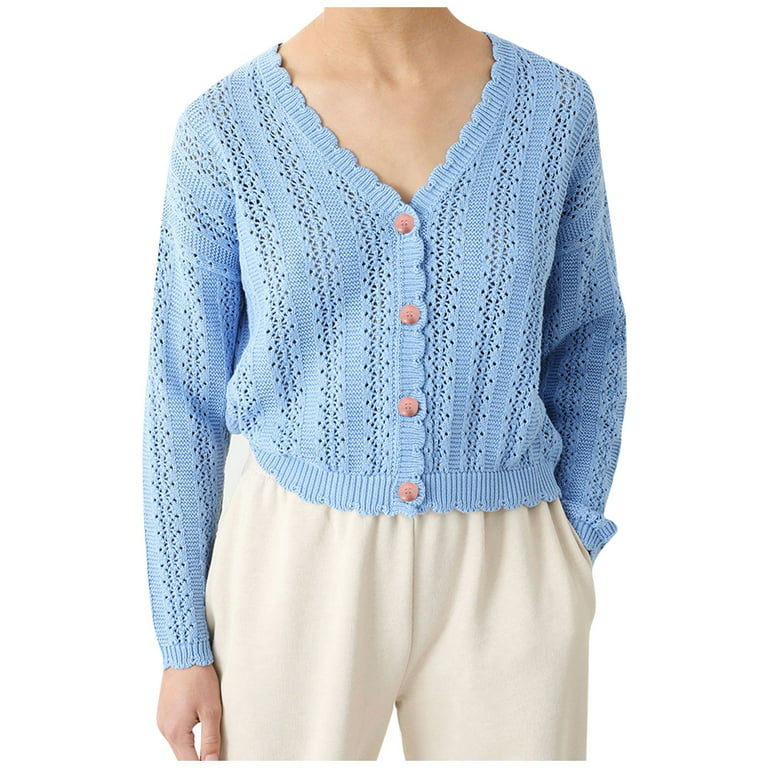 V-neck cardigan loose made from soft bouclé yarn - blue, Knitted jackets