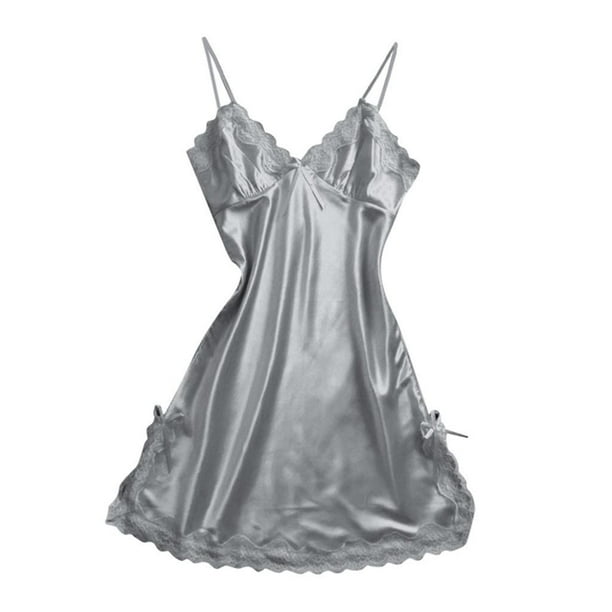 Camisón de seda sexy para mujer, babydoll de encaje plateado S