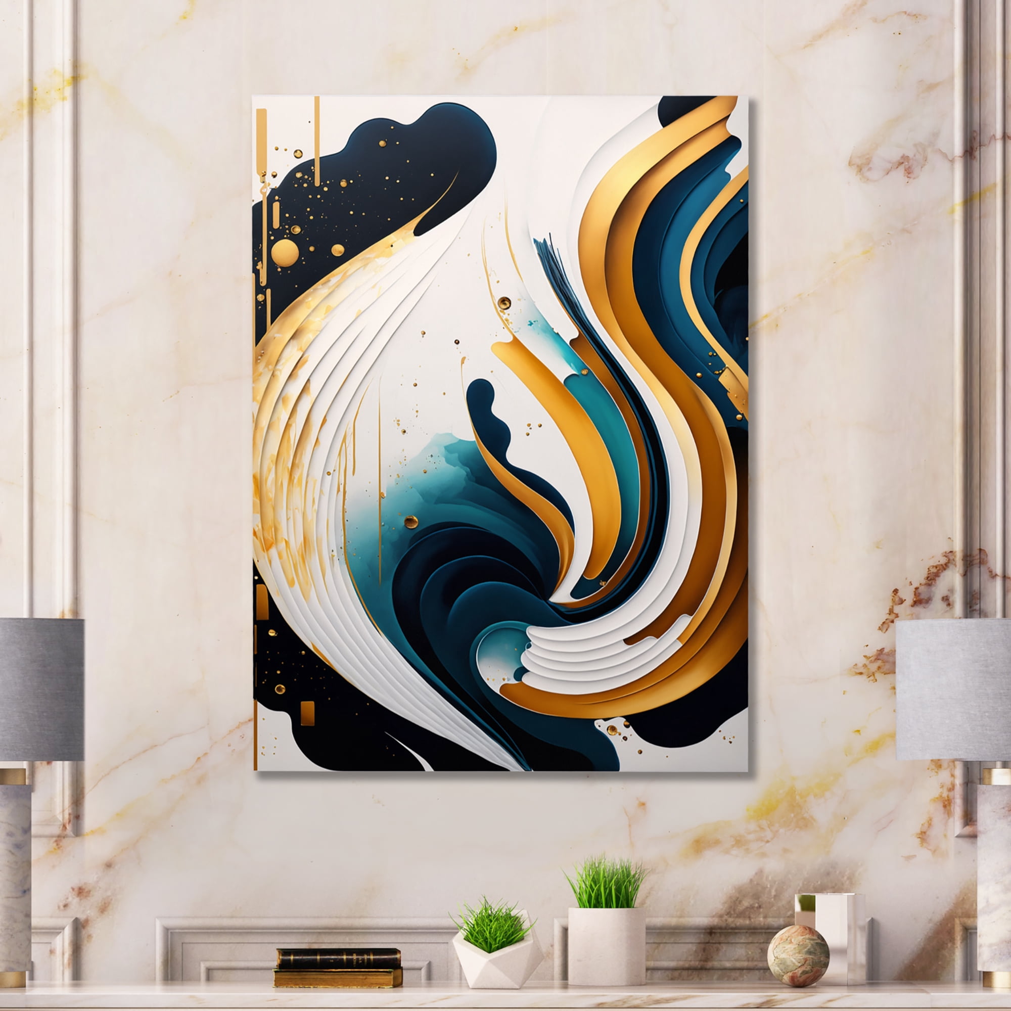 Designart Blue And Gold Modern Art Abstract Painting III Canvas Wall Art
