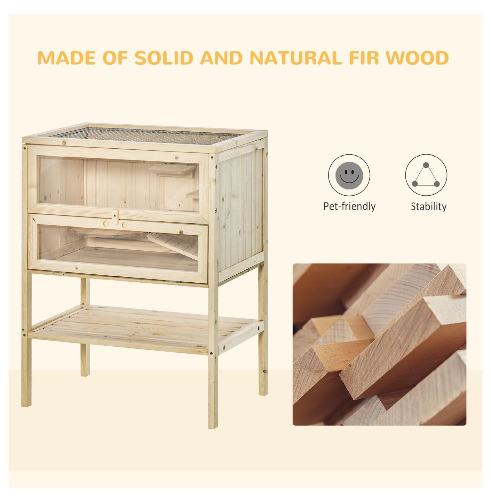 3-Tier Wooden Large Hamster Cage, Mice and Rat Cage Small Animals Hutch with Openable Top, Front Door, , Nature